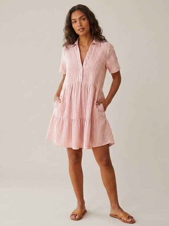 Japna Dresses & Skirts - Japna Striped Tiered Babydoll Dress Extra Small Coral Pink White Summer Boho